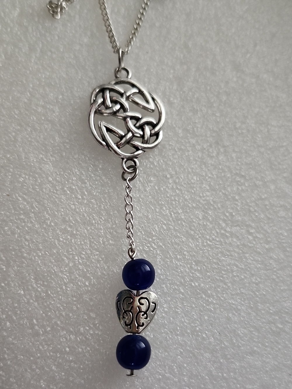 Hand Crafted Silver Celtic Knot Necklace with Blue Beads